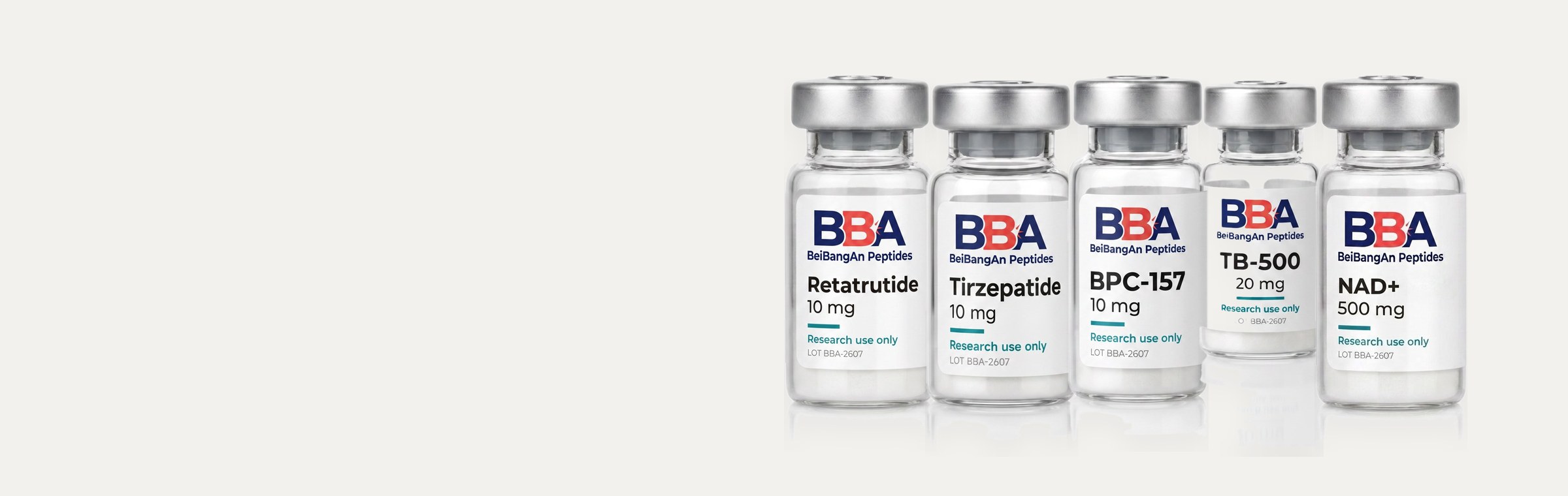 Real BBA stock — bulk research vials at BBA's Florida warehouse